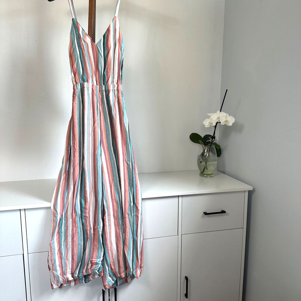 LOFT Striped Tie Front Cutout Jumpsuit Womens XSP Petite Wide Leg Sleeveless